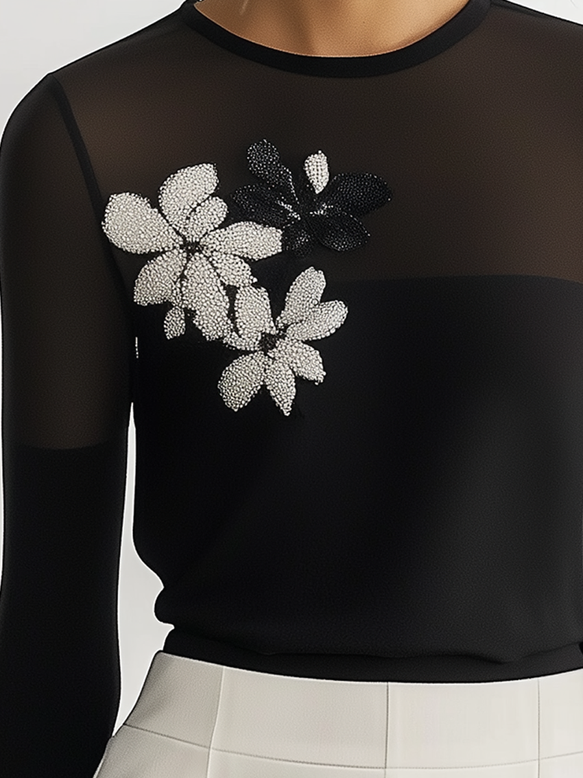 Black T-shirt With Black Gauze And Flower Embroidery At The Neckline