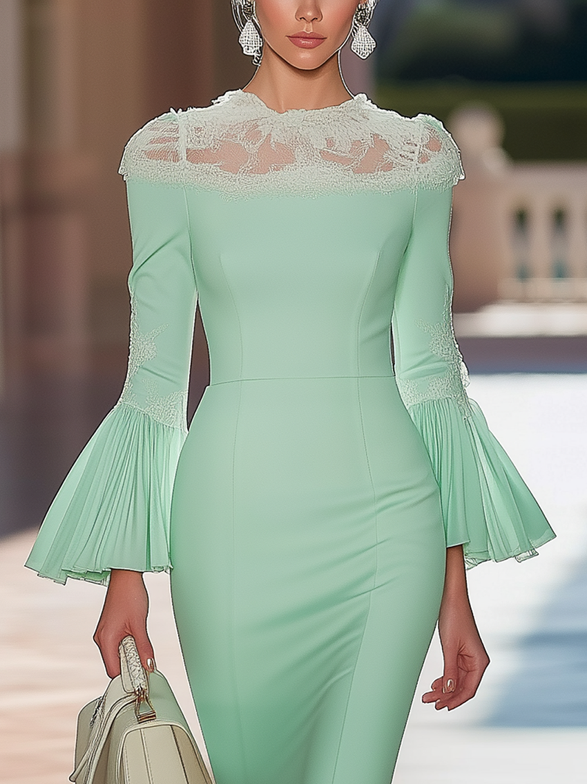 Mint Green Maxi Dress With Neckline Stitching Lace