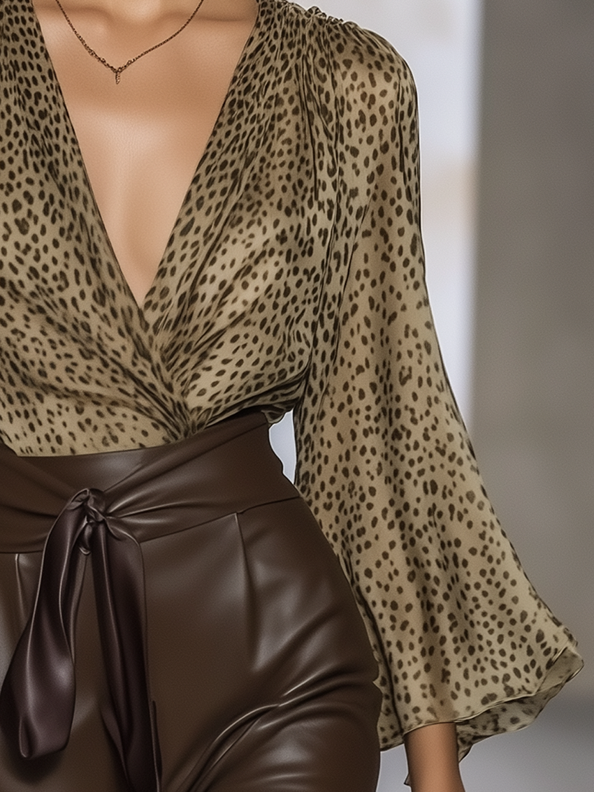 Fashion Brown Chiffon Shirt With Leopard Print