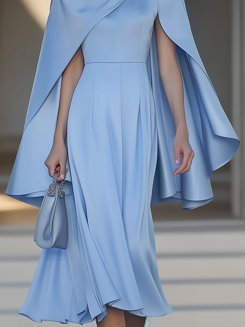 Light Blue Satin Midi Dress With Cape Design