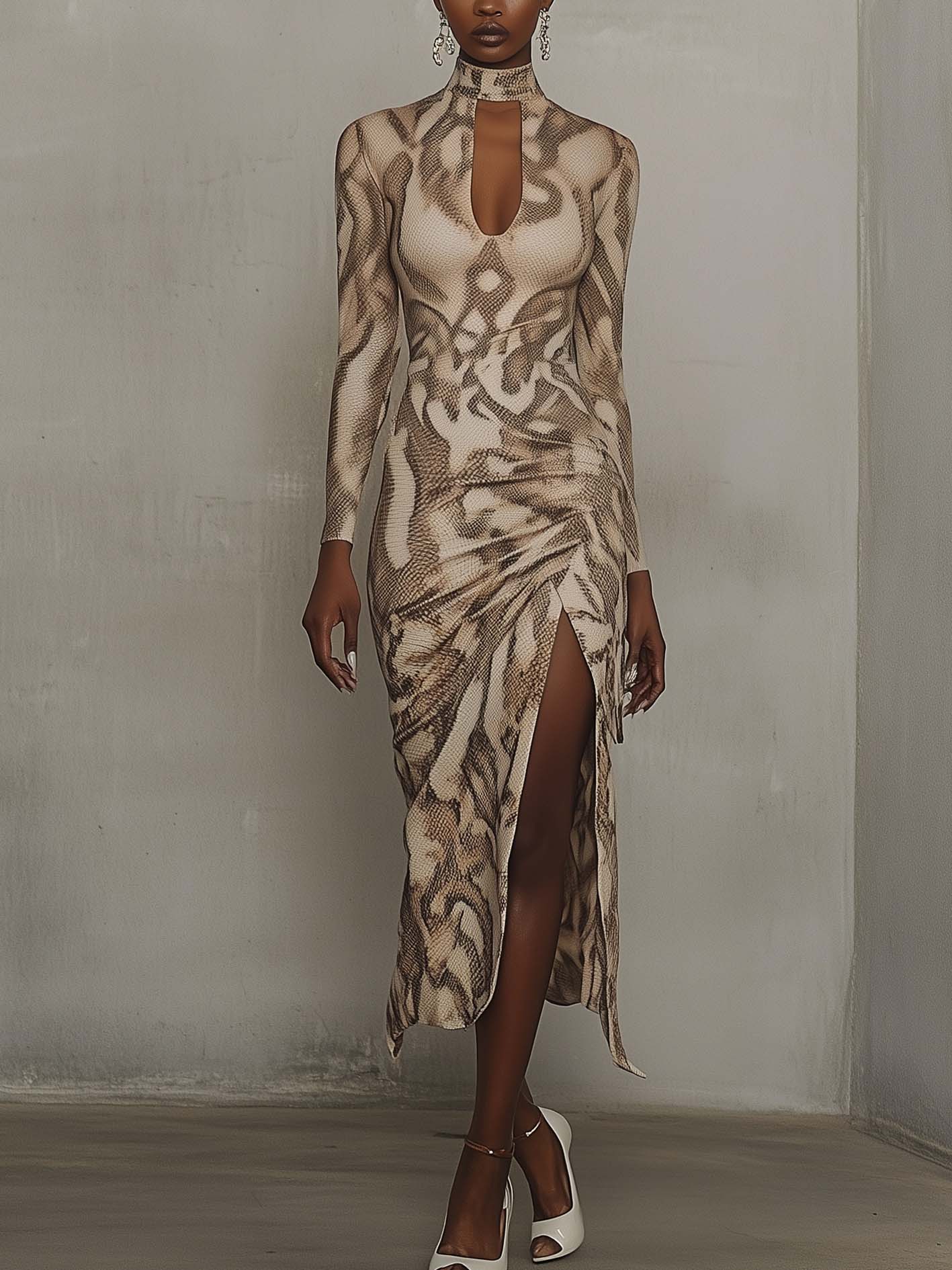 Beige Midi Bodycon Dress With Gradient Brown Animal Print