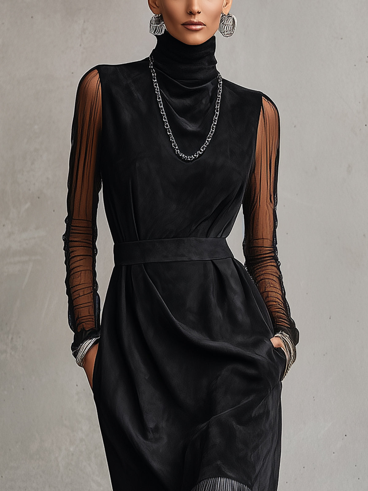 Black Faux Suede Fringe Maxi Dress With Sheer Sleeves