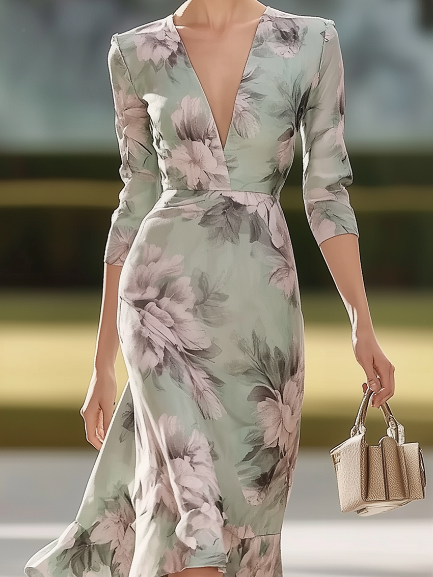 Light Green Midi Dress With Gray Flower Print