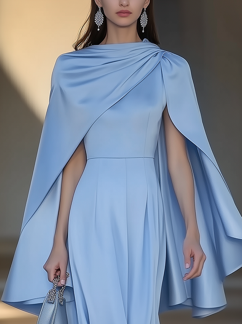 Light Blue Satin Midi Dress With Cape Design