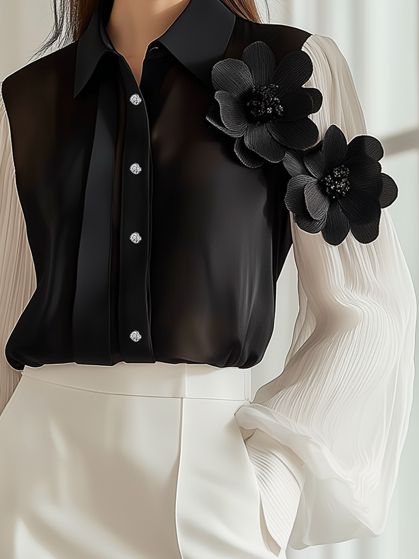 Black And White Stitching Chiffon Blouse With 3D Flowers On Sleeve