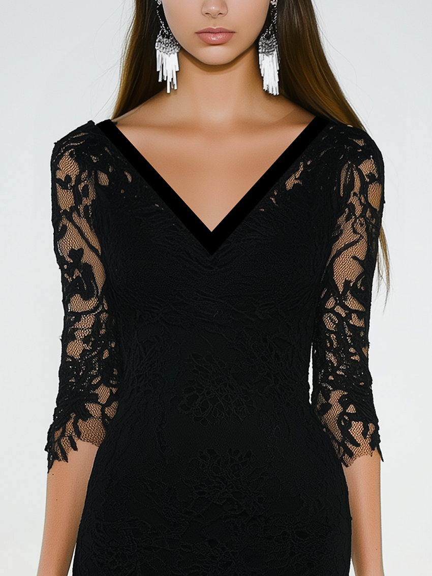 Black Lace Midi Bodycon Dress With Tassel Decoration