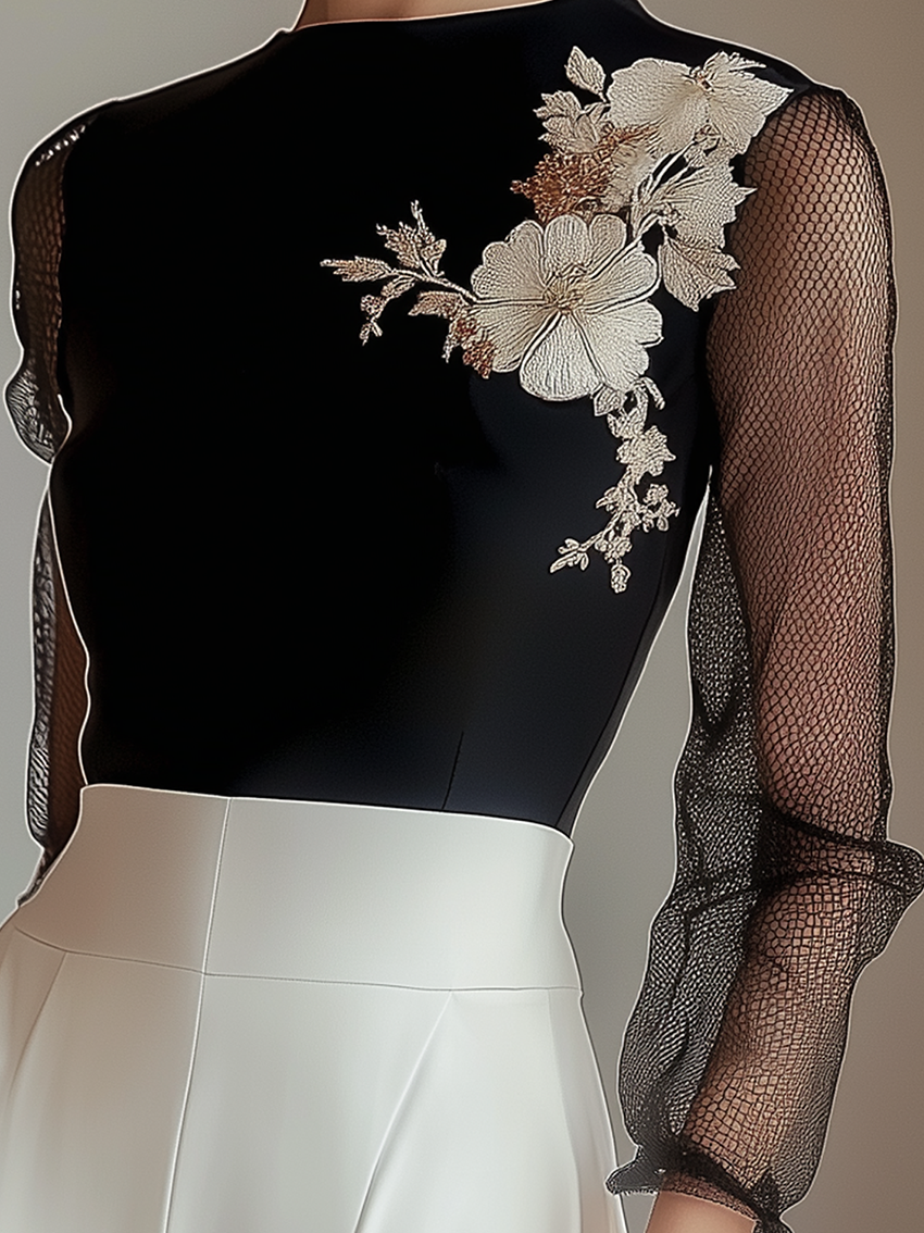 Black Shirt With Flower Embroidery With Gauze Sleeves