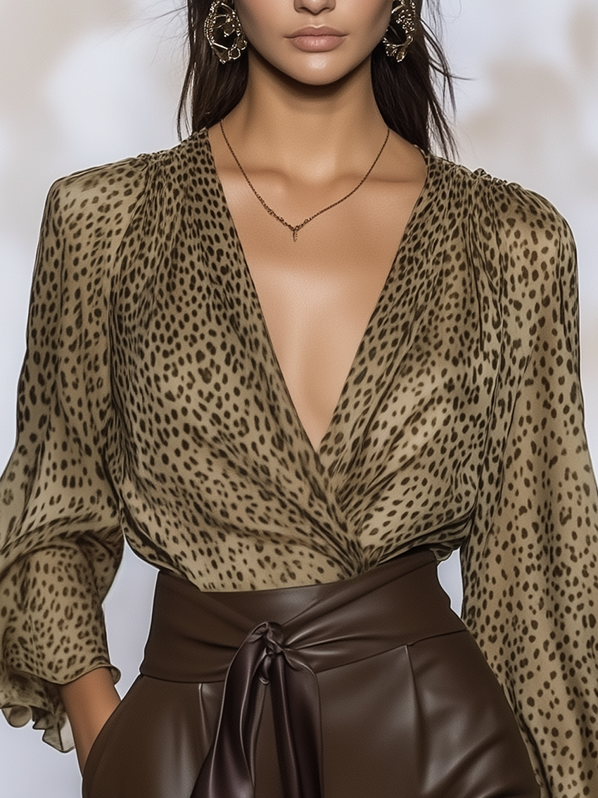 Fashion Brown Chiffon Shirt With Leopard Print