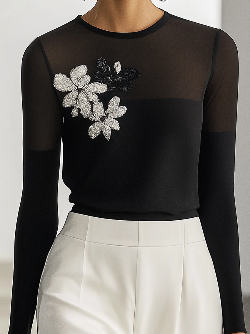 Black T-shirt With Black Gauze And Flower Embroidery At The Neckline