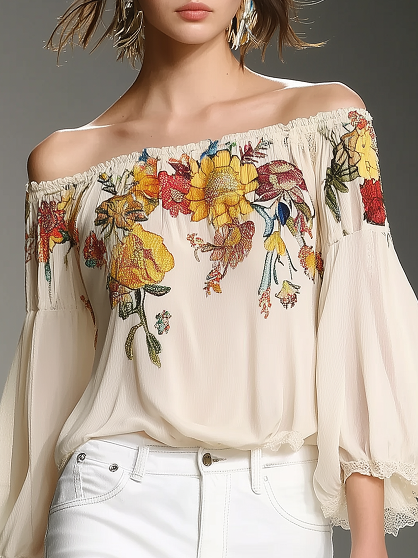 Off Shoulder With Flower Print Beige Chiffon Shirt