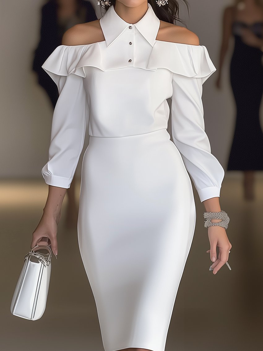 Off-The-Shoulder White Midi Bodycon Shirt Dress