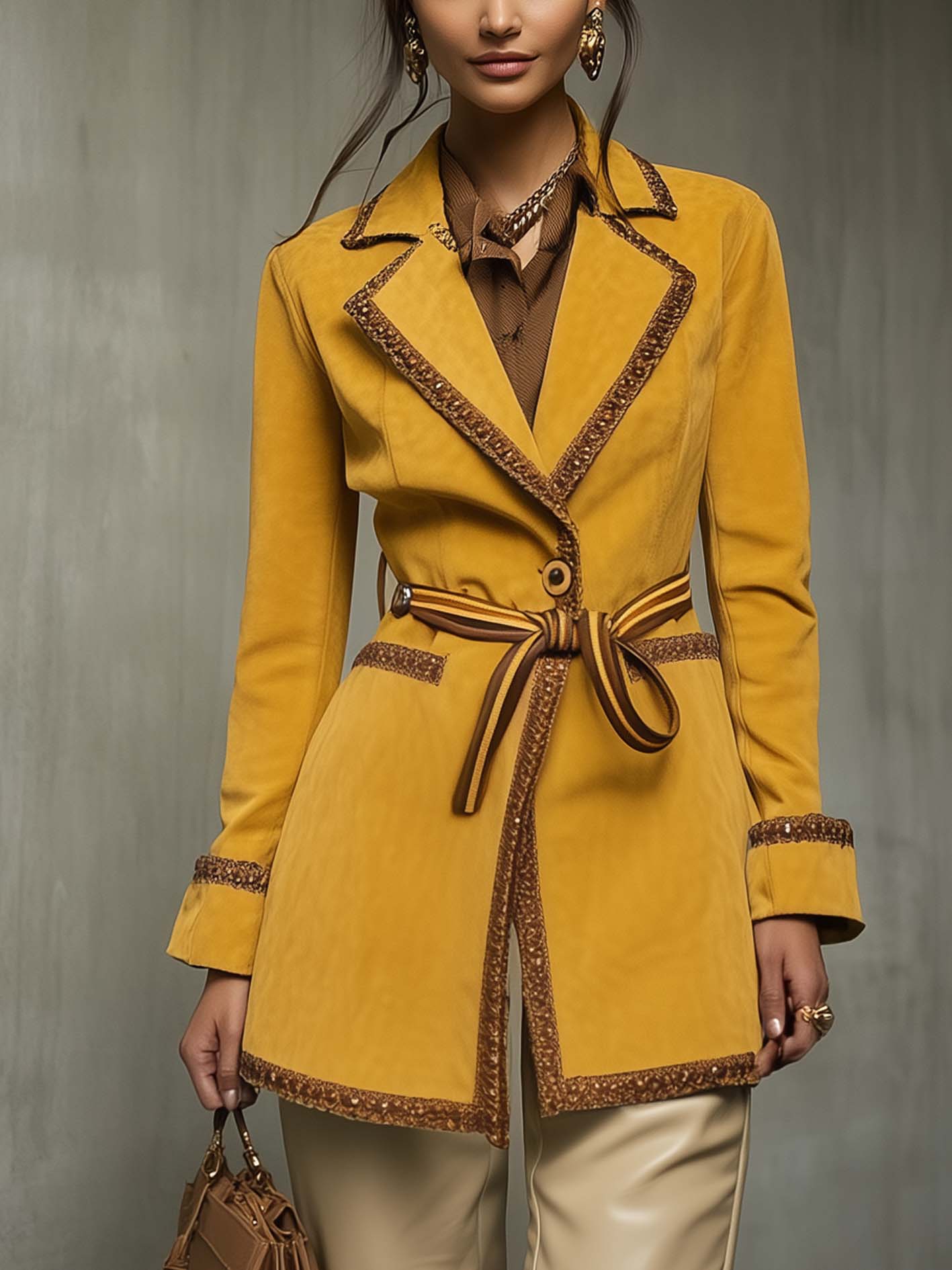 Yellow Faux Suede Coat With Brown Fashion Webbing