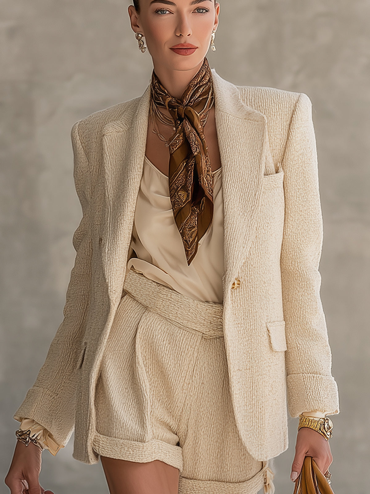 Cream Textured Knit Blazer And Shorts Suit