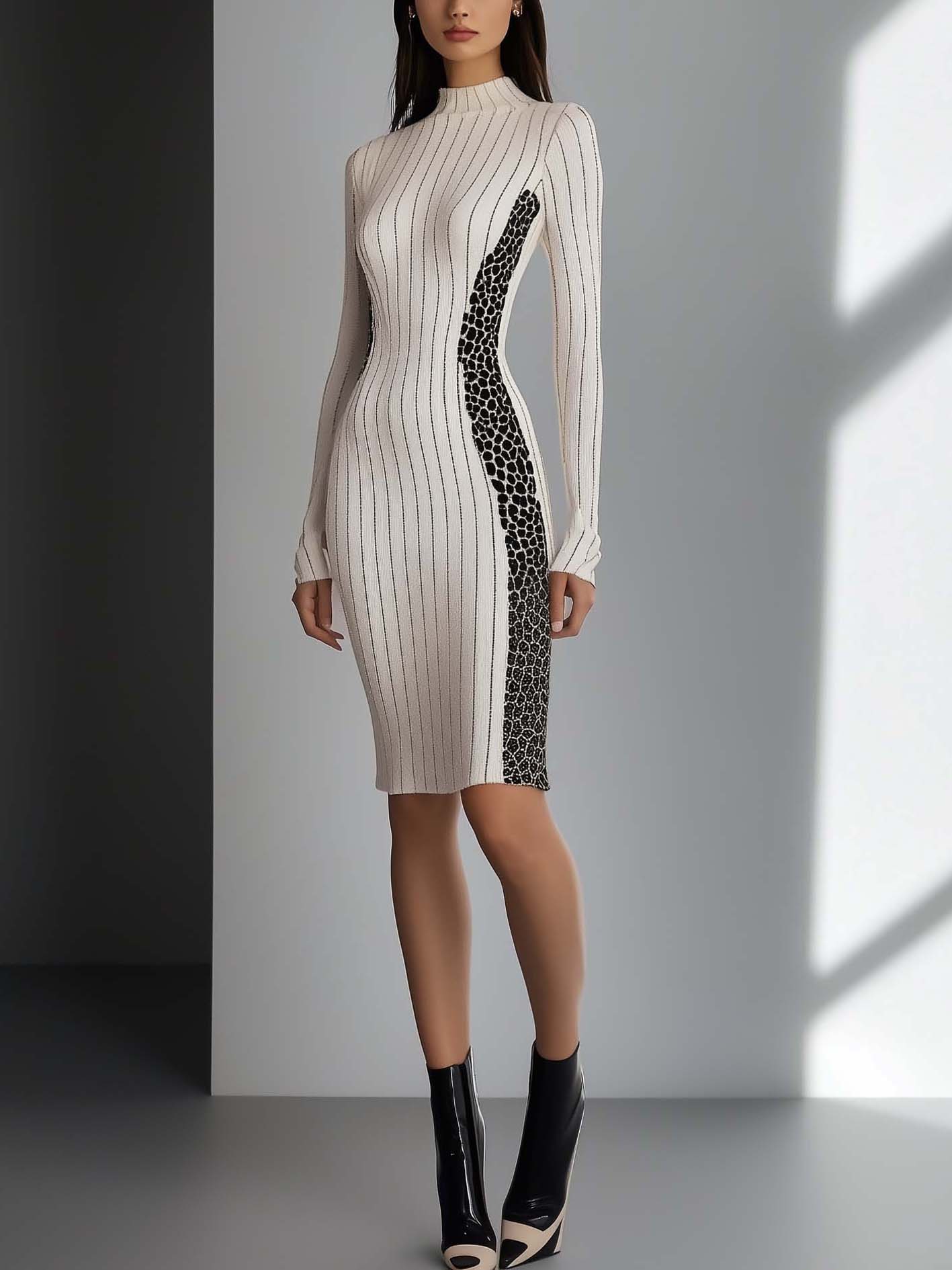 White Stretch Midi Bodycon Dress With Black Lines And Leopard Print