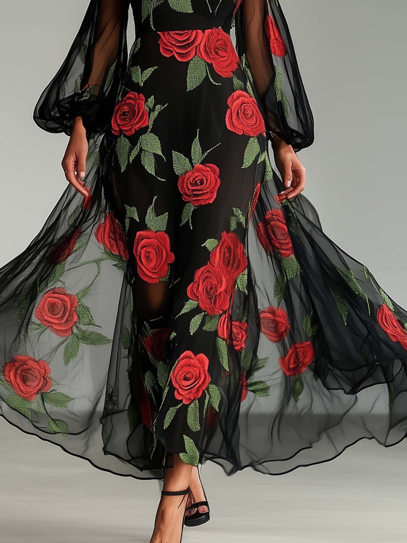 Black Tencel Chiffon Maxi Dress With Rose Print