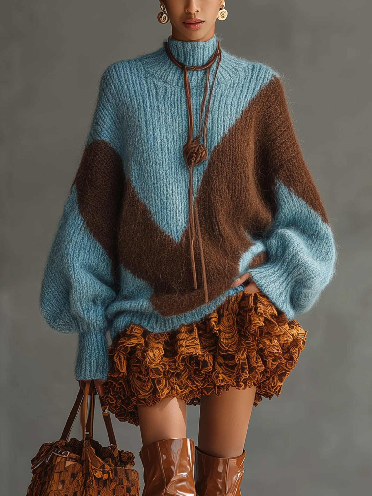 Blue And Brown Color Blocked Mohair Knit Sweater