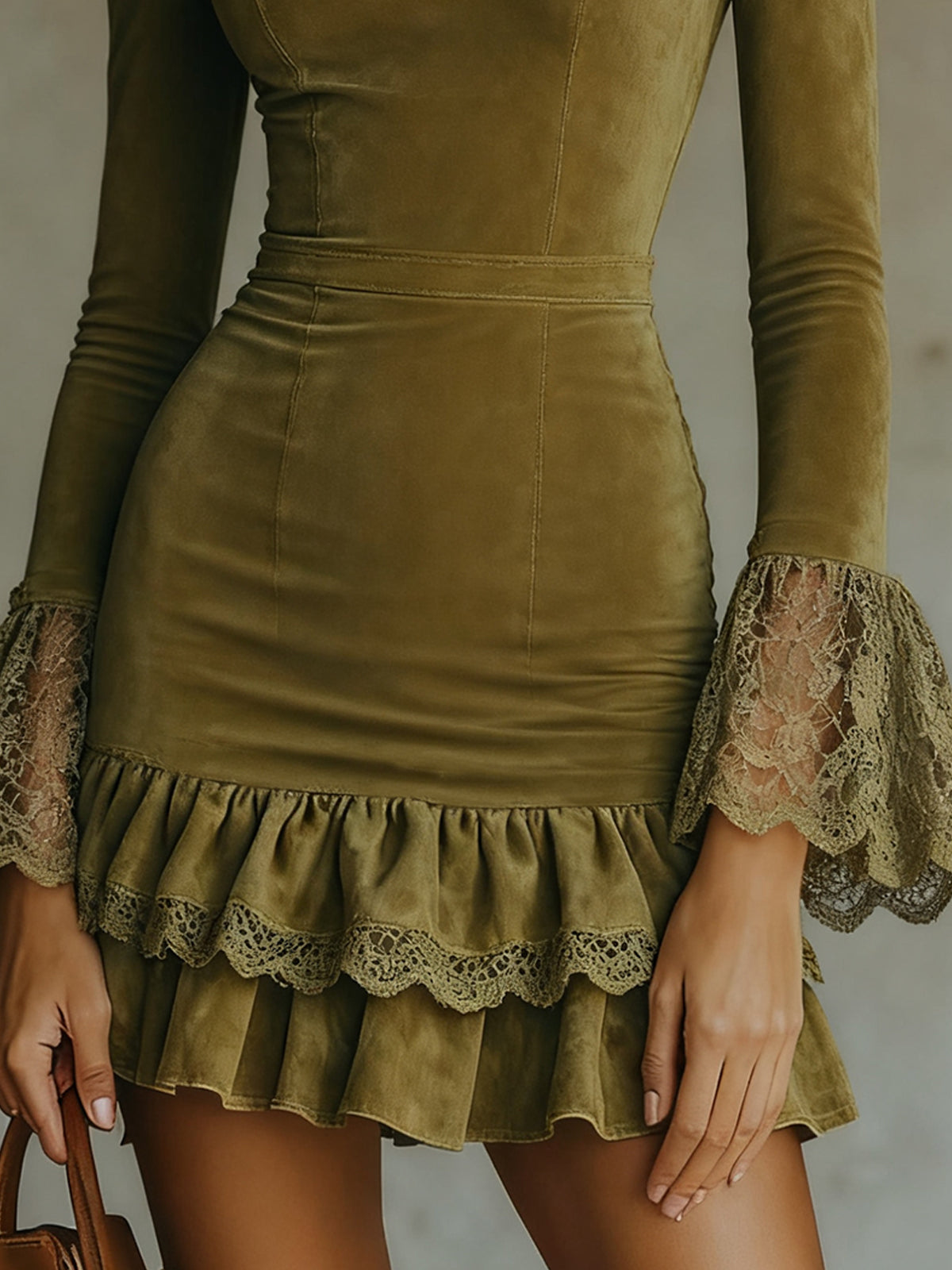 Olive Lace Bell Sleeve Mini Dress With Ruffled Hem