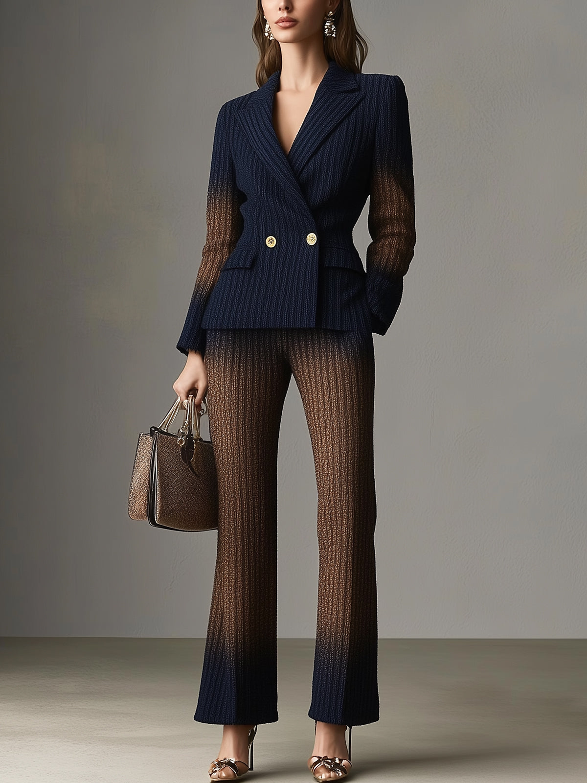Gradient Knit Double-Breasted Blazer And Pants Set