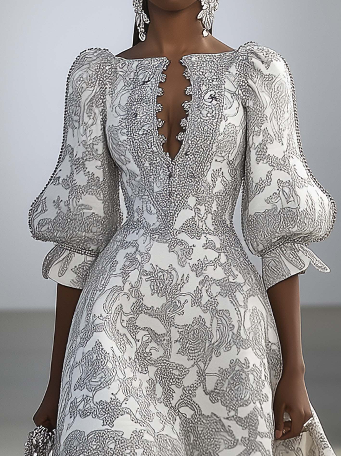 White Mini Dress With Gray Baroque Pattern Print