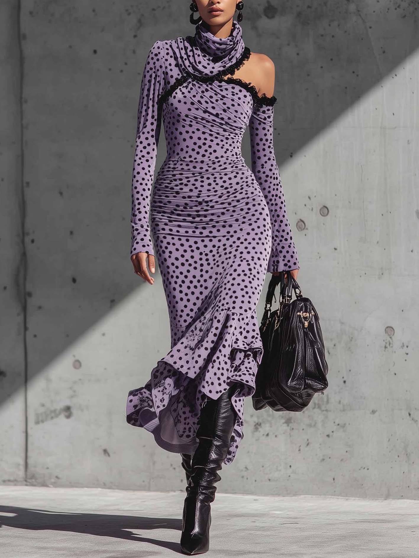 Purple Polka Dot Cold Shoulder Lace Trim Bodycon Dress