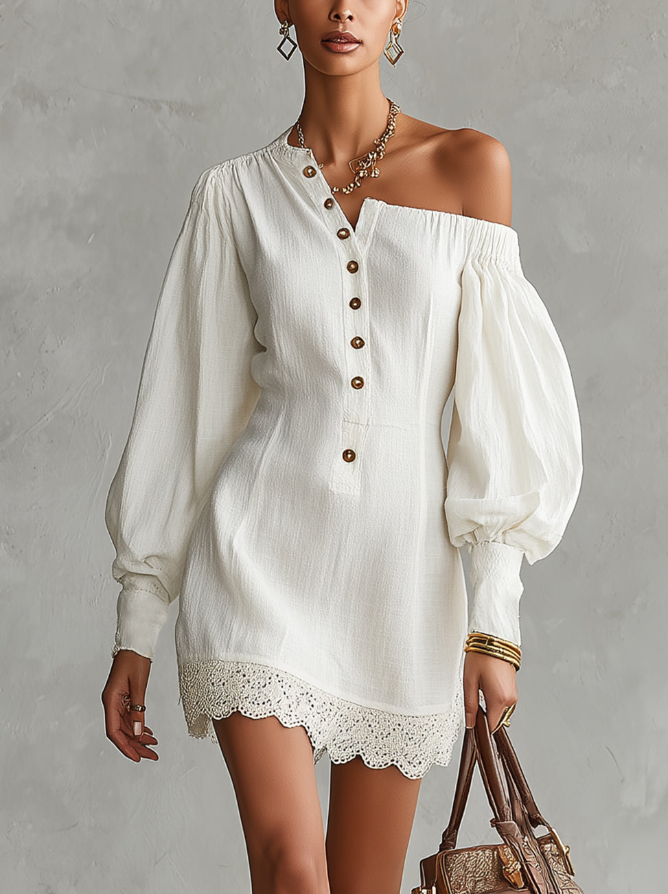 White Off-Shoulder Button-Front Long Sleeve Mini Dress