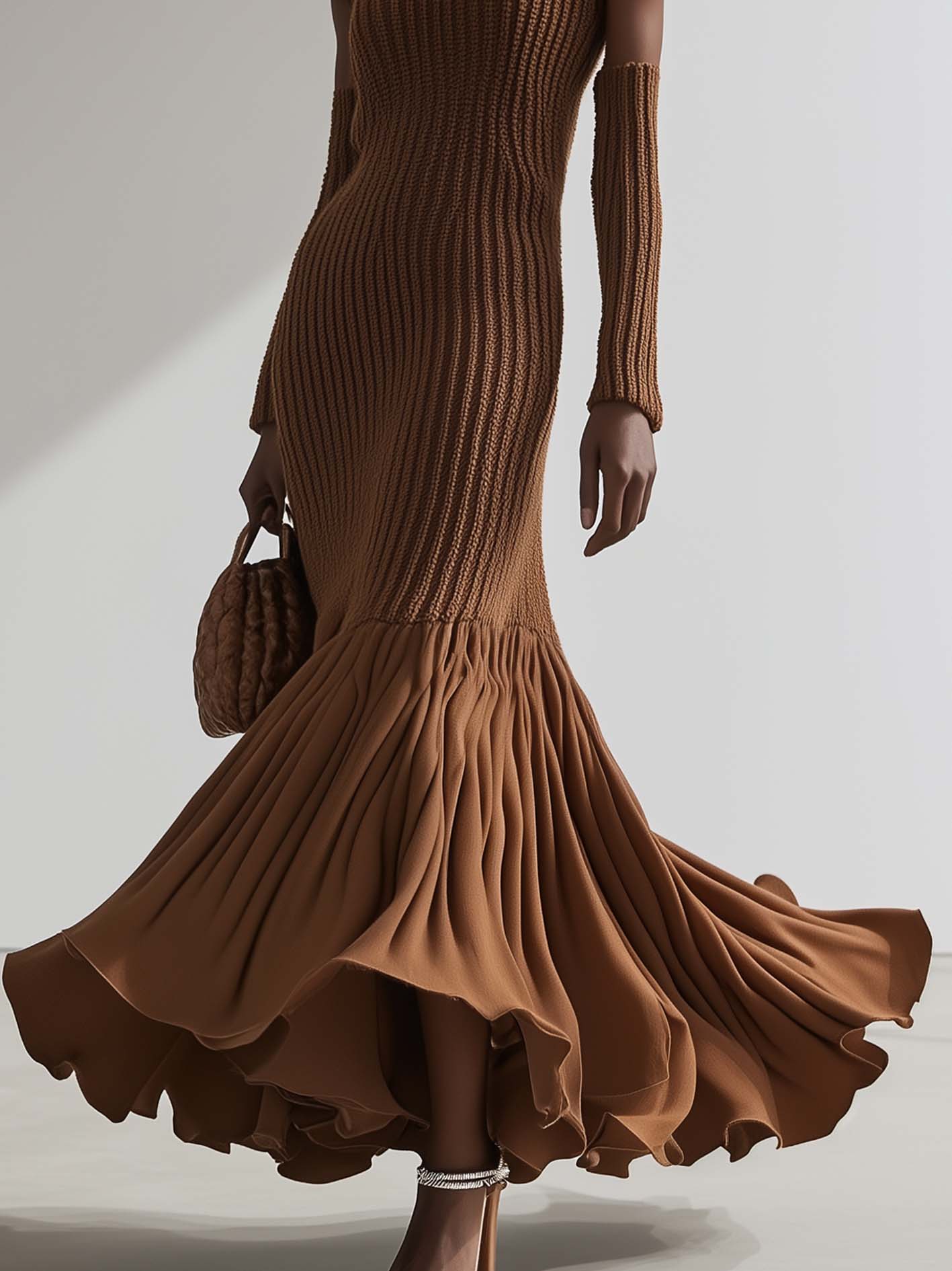Brown Knitted Maxi Dress With Chiffon Stitching