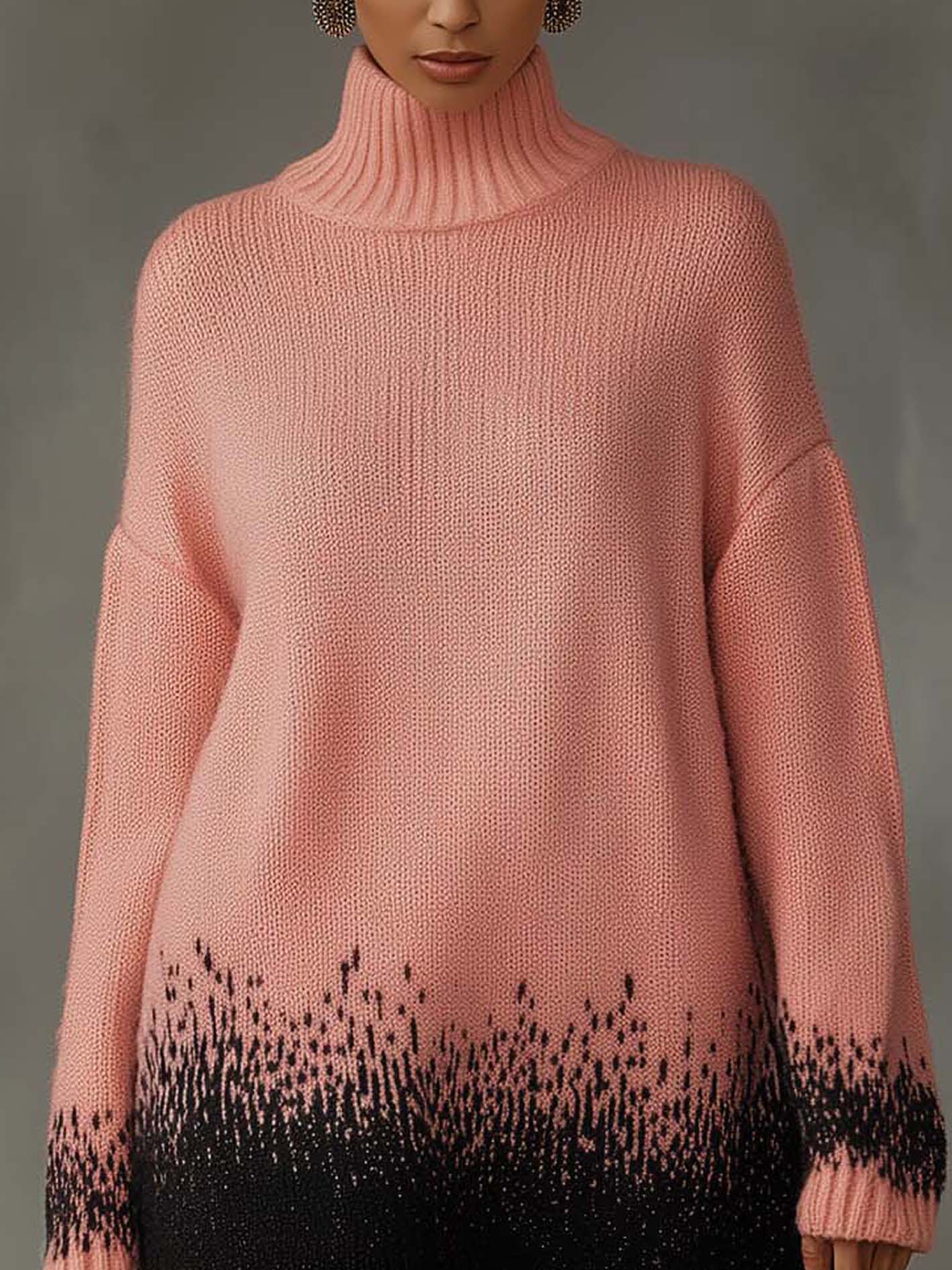 Pink Turtleneck Knitted Mini Dress With Black Gradient