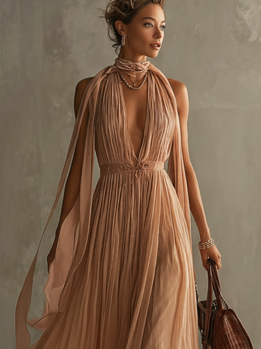 Pink Chiffon Ruffle Maxi Dress With Satin Tie