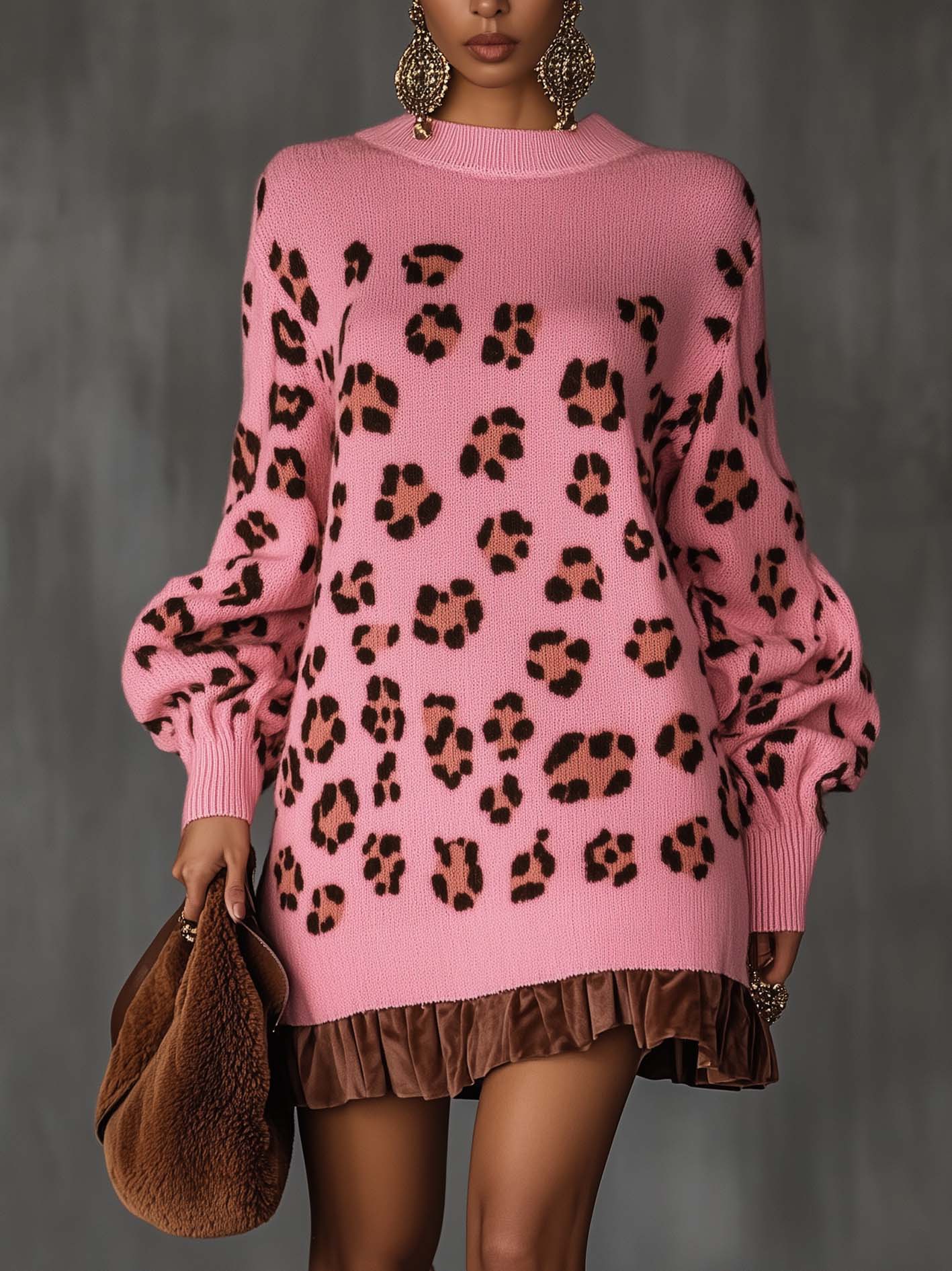 Pink Loose Knit Mini Dress With Velvet Ruffle And Leopard Print