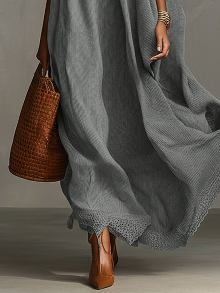 Gray Sleeveless High Neck Lace Maxi Dress