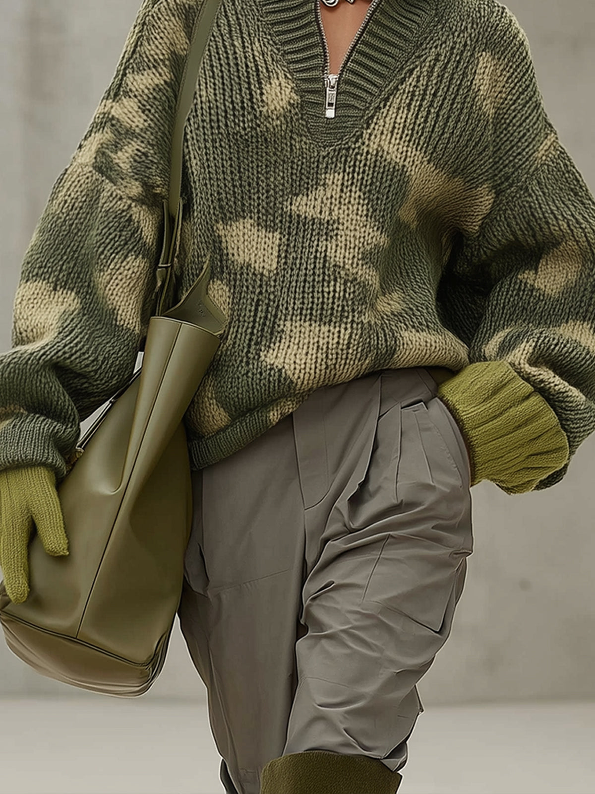 Olive Camouflage Knit Half Zip Sweater
