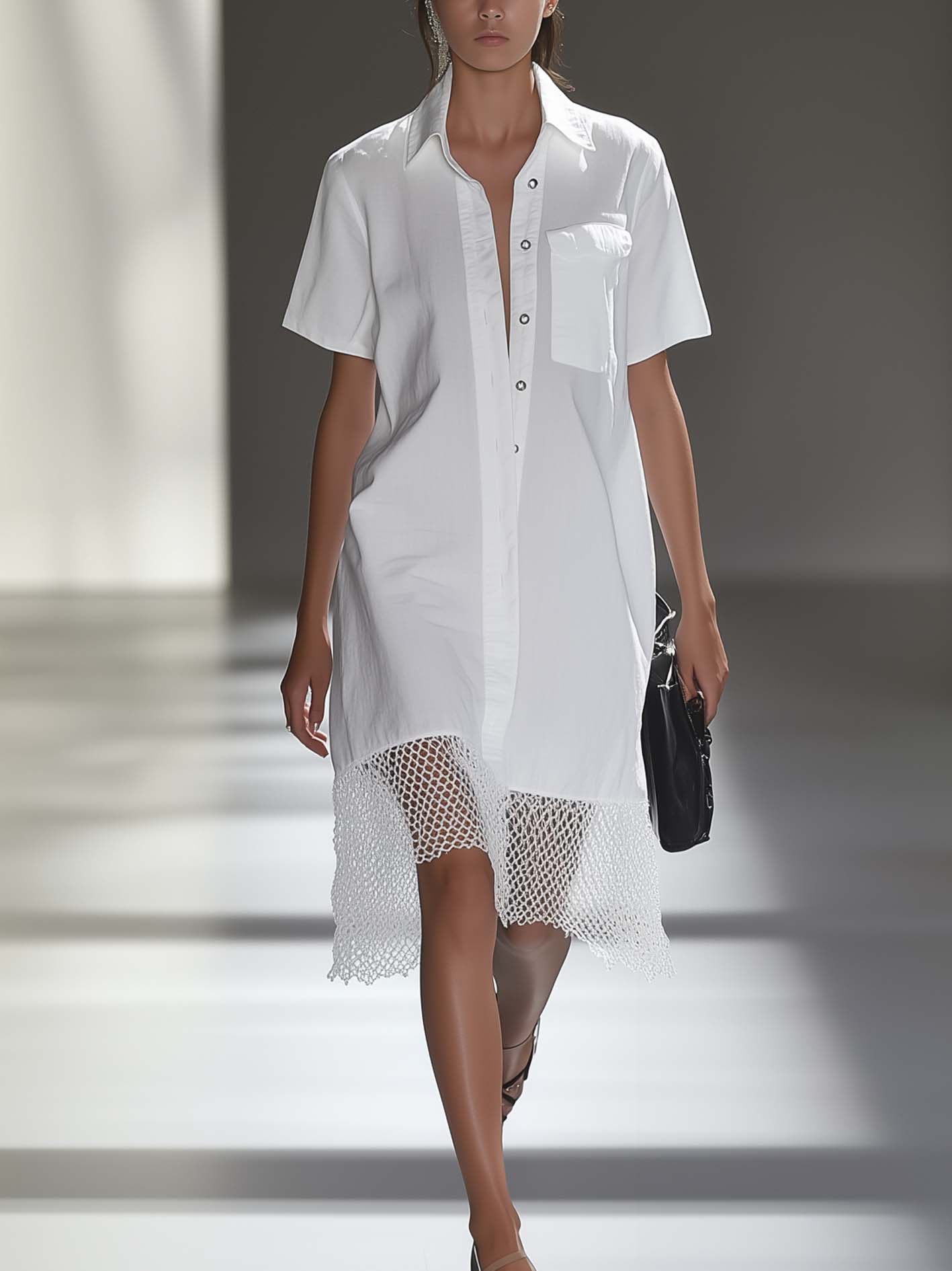White Midi Shirt Dress With Mesh Stitching