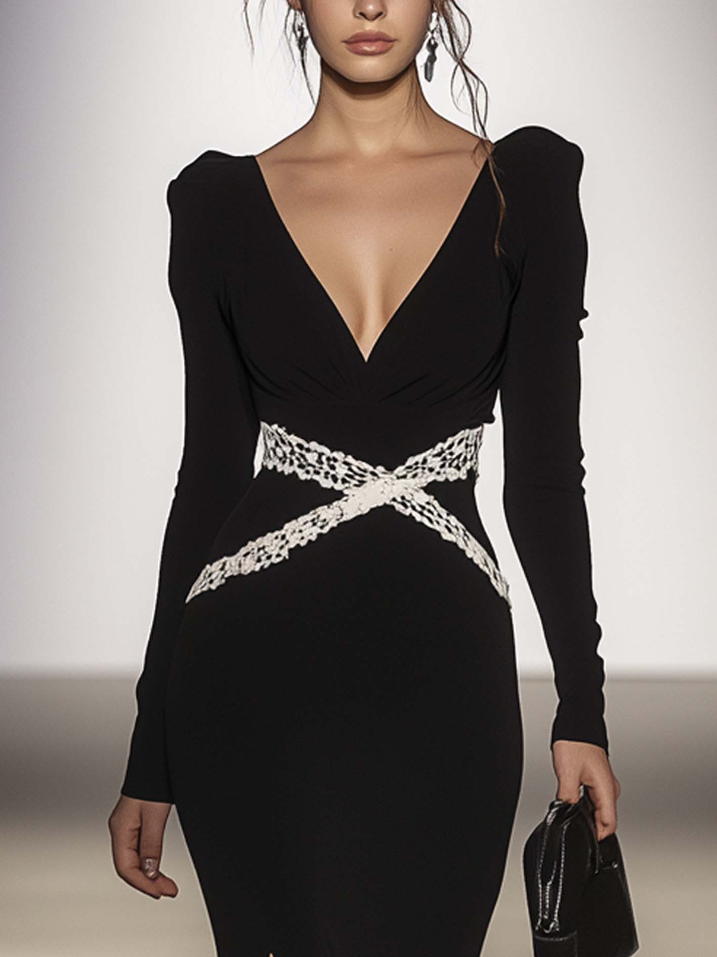 Black Midi Bodycon Dress With White Lace Belt Decoration
