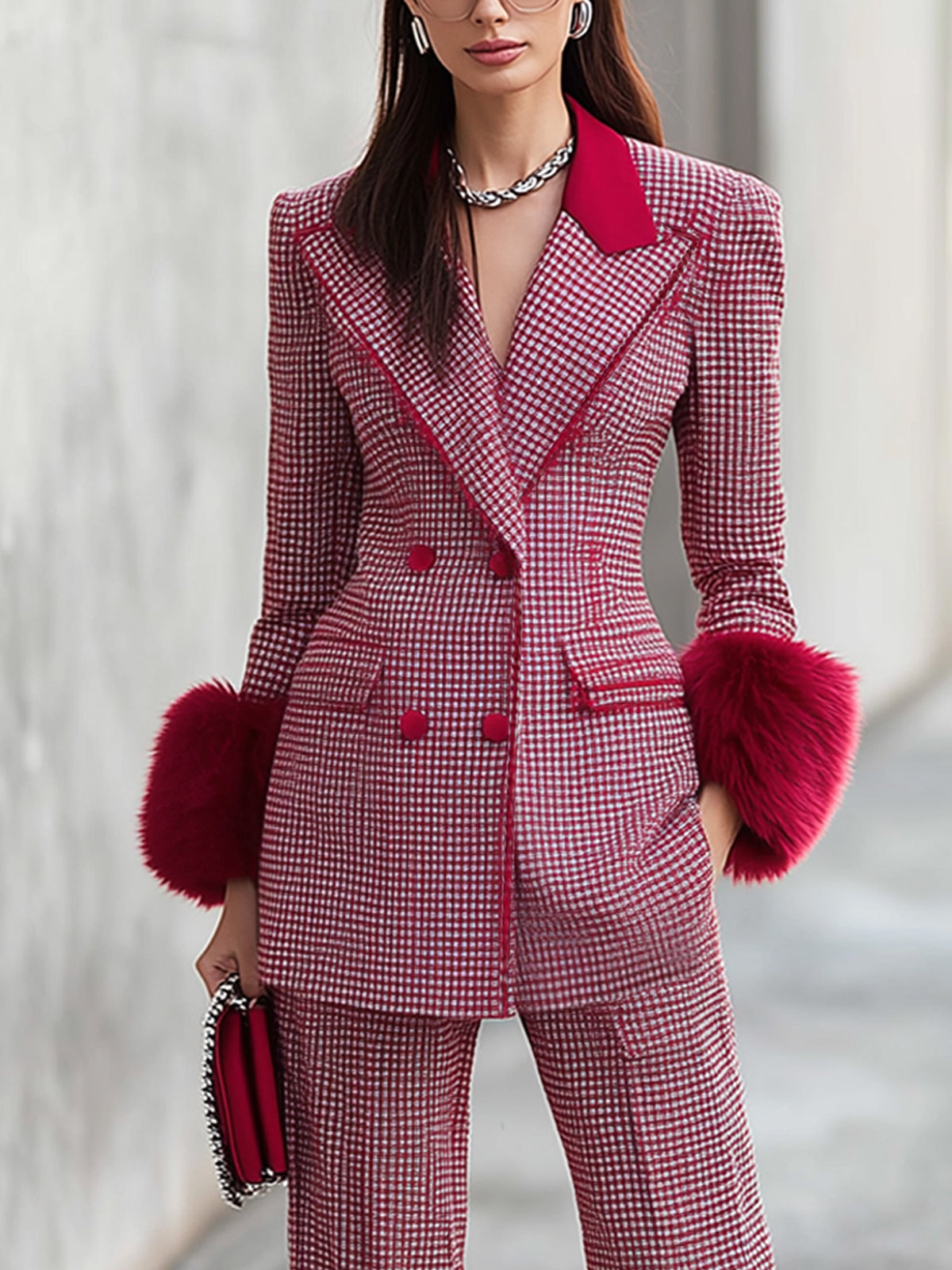 Red Houndstooth Double Breasted Blazer And Flared Pants Suit