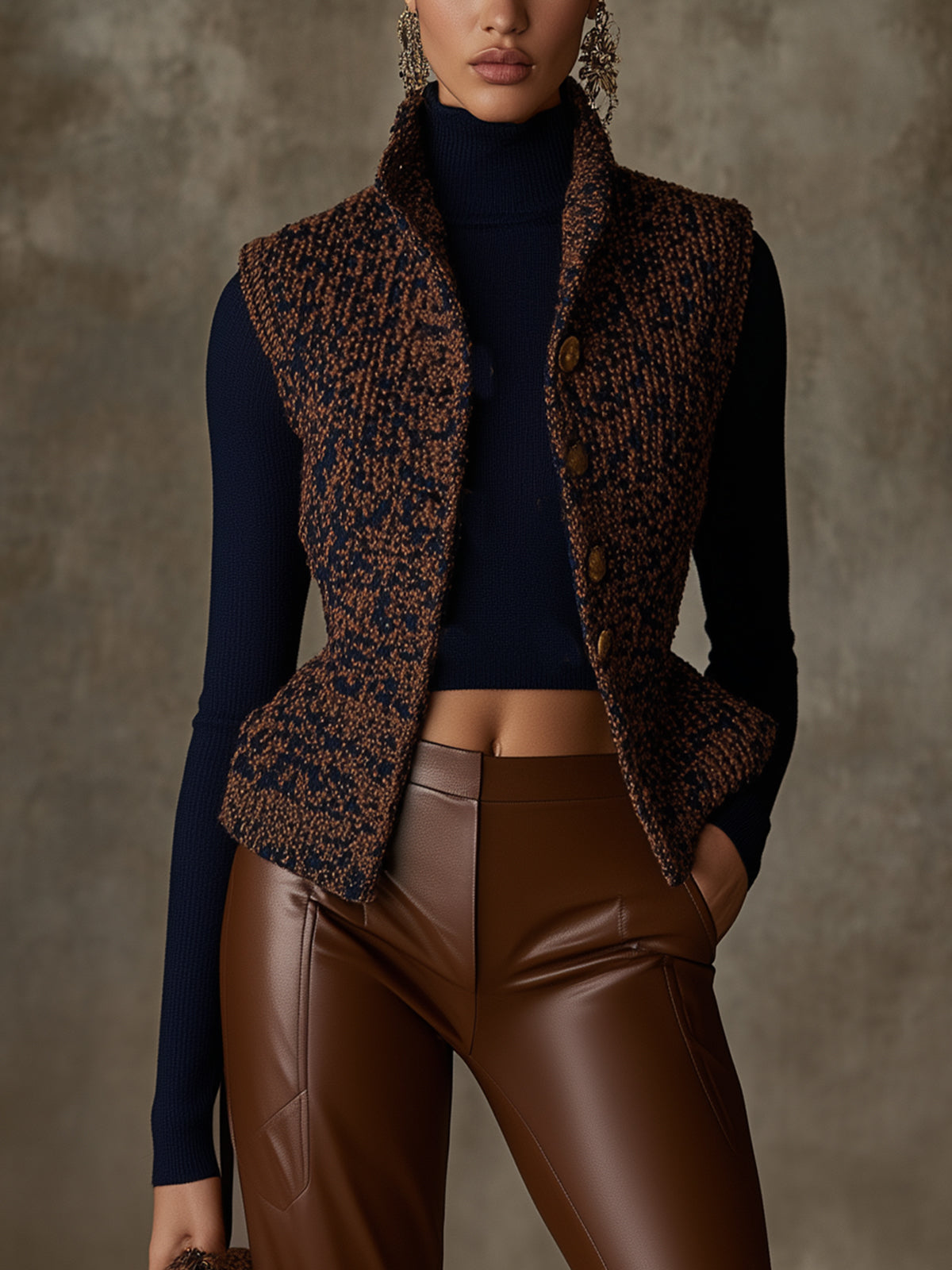 Brown And Navy Textured Knit Vest With Button Closure