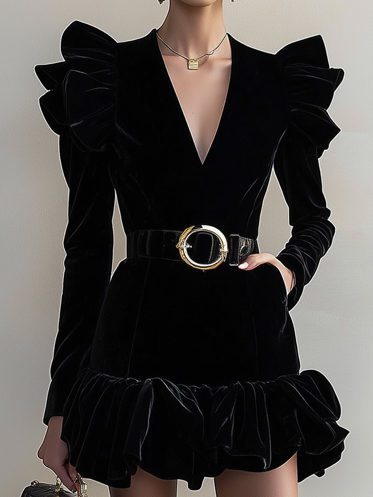 Black Velvet Ruffle V-Neck Mini Dress With Belt