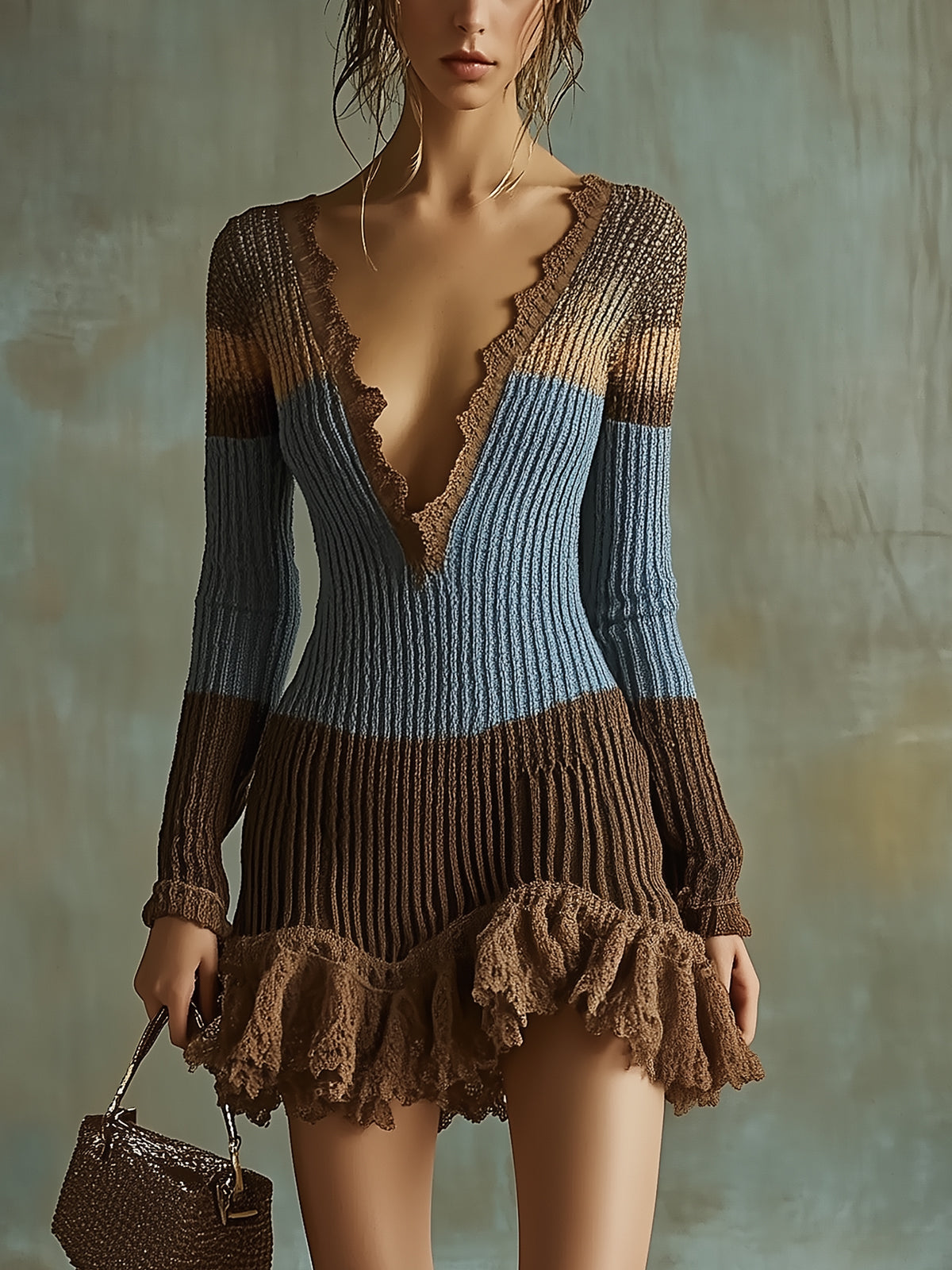 Color Block Knit Ruffle Dress