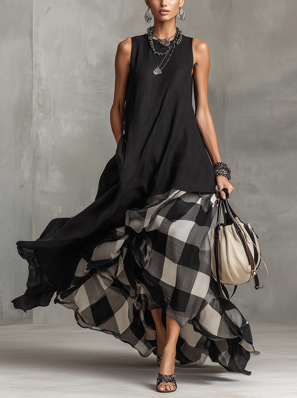 Black Sleeveless Layered Maxi Dress With Plaid Ruffle Hem