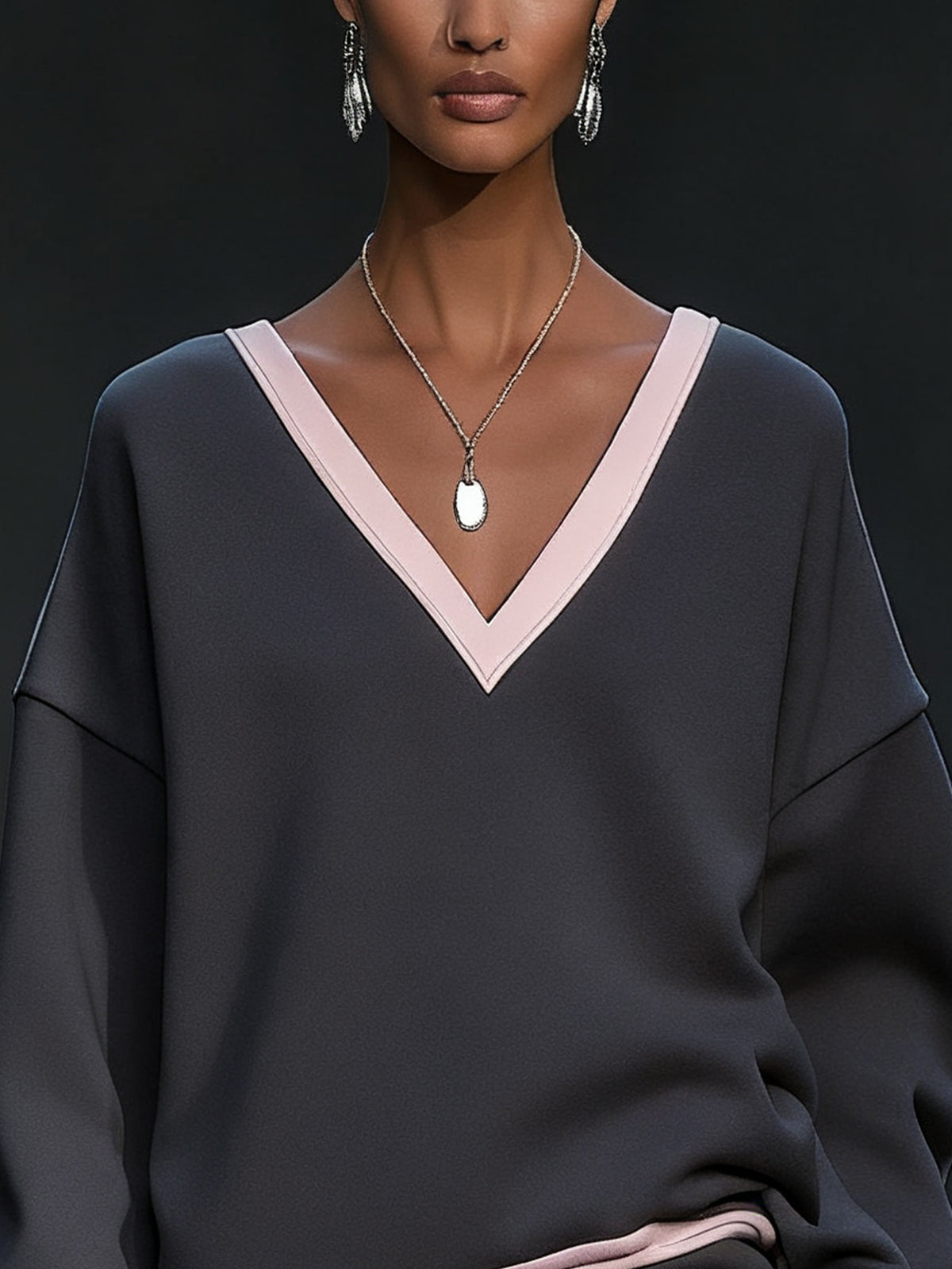 Gray Dress With Blush Accents And Pleated Hem