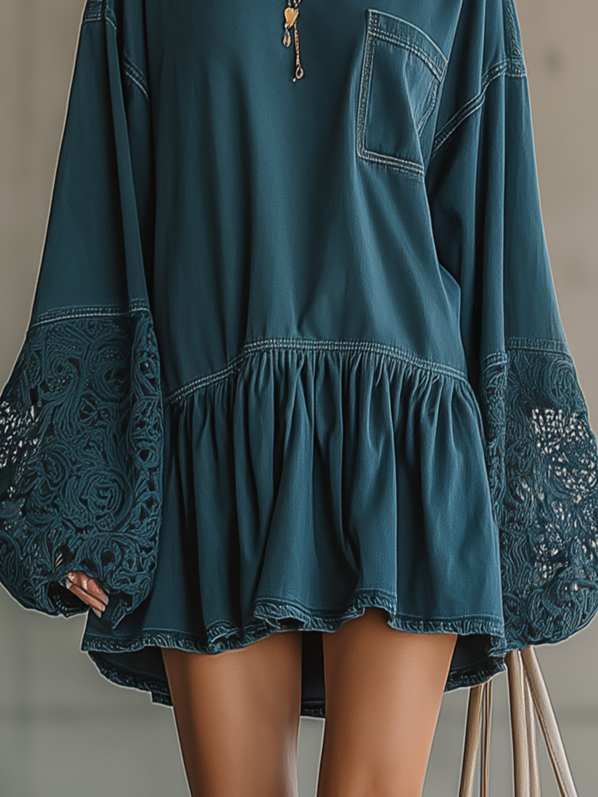 Blue Denim Lace Lantern Sleeve Ruffle Hem Mini Dress