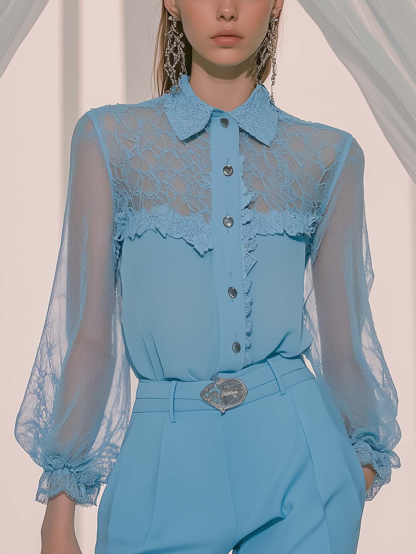 Blue Chiffon Fashion Blouse With Lace Mesh