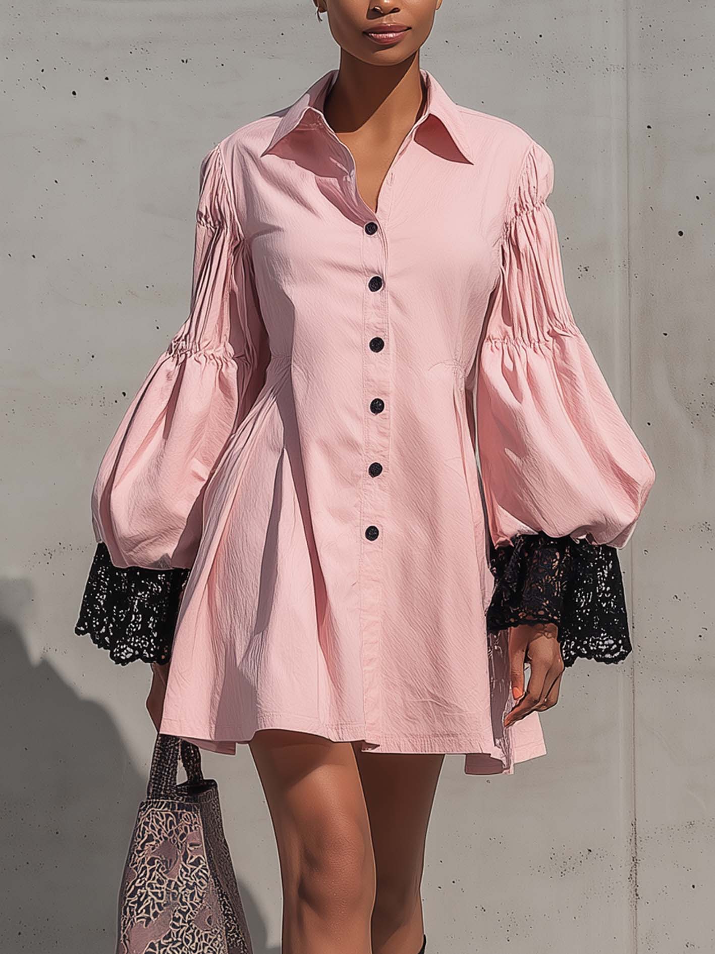 Pink Cotton-Linen Washed Mini Dress With Lace Cuff