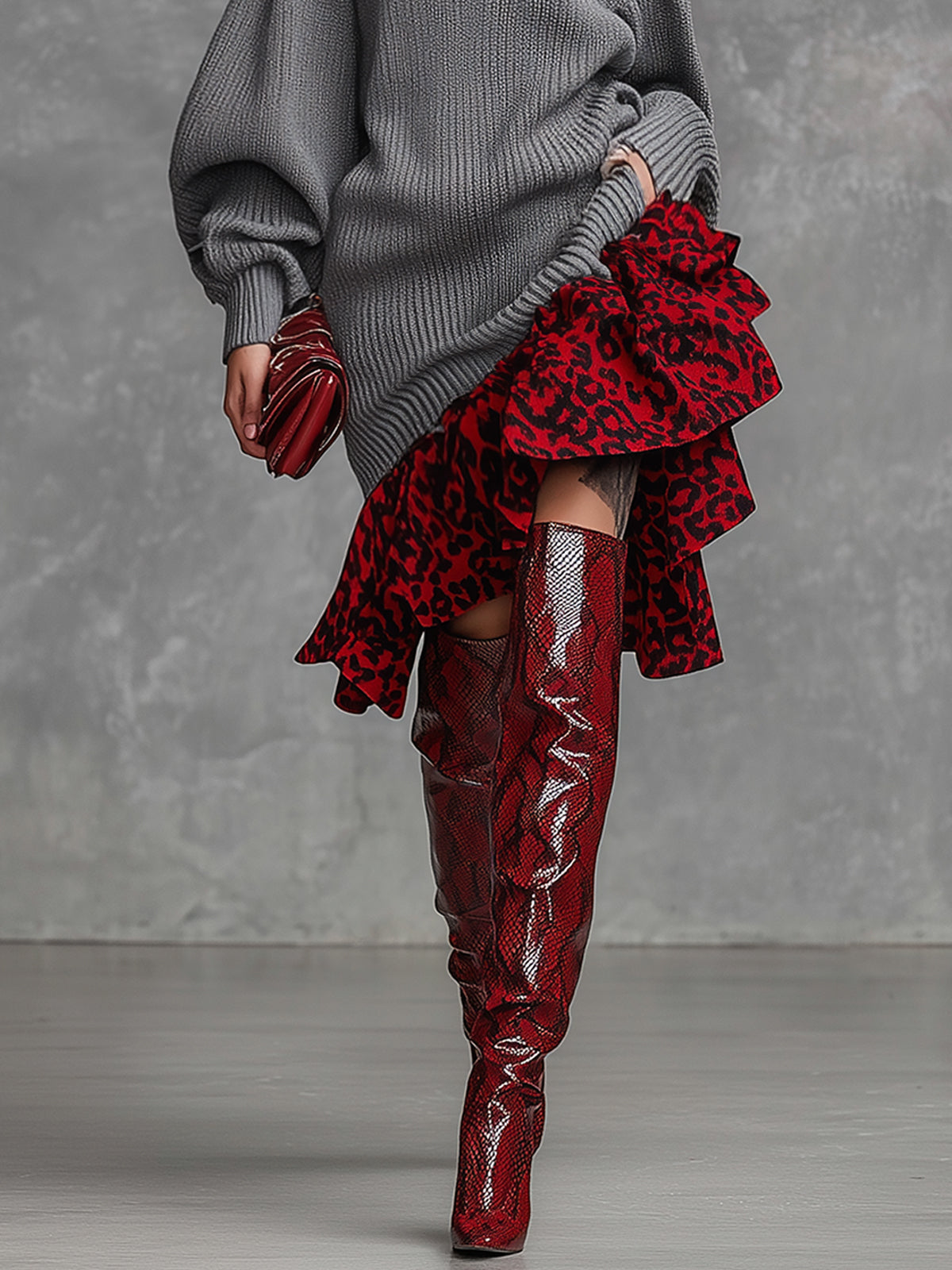 Gray Knit Turtleneck  Midi Dress With Red Leopard Print Ruffled Hem