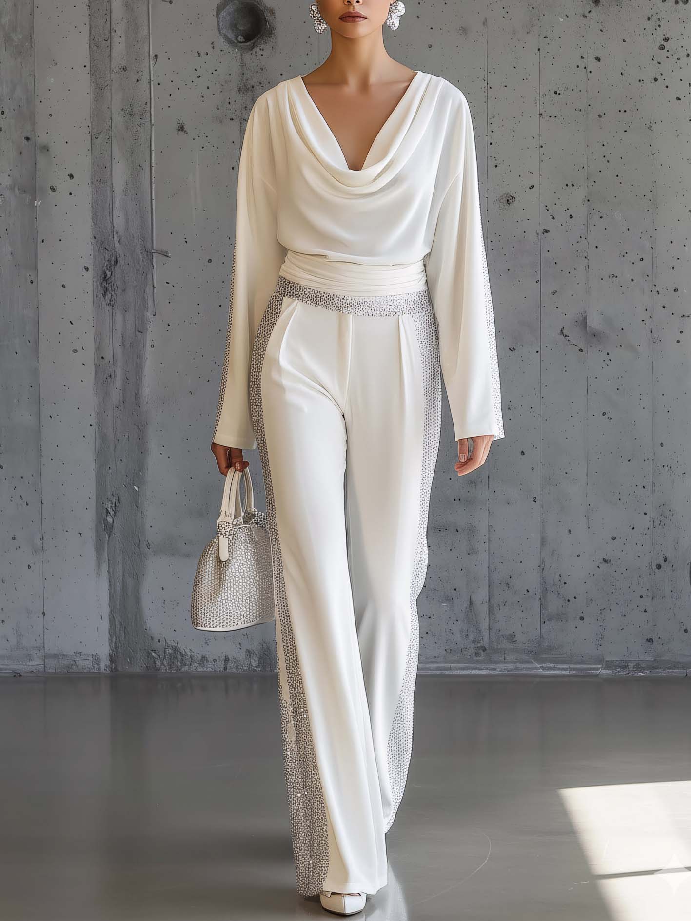 White Rhinestone Trim Cowl Neck Top And High Waist Pants Set