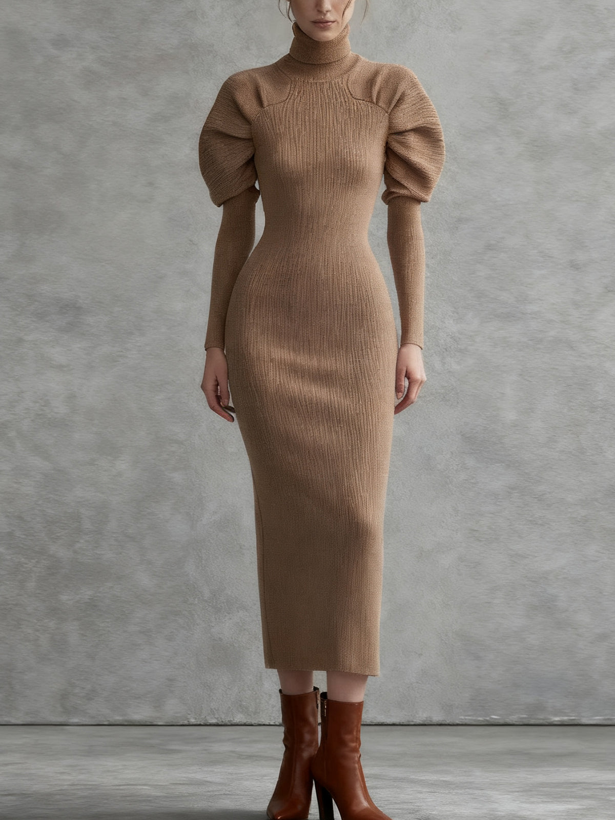 Camel Knit Midi Dress With Puff Sleeves And Turtleneck
