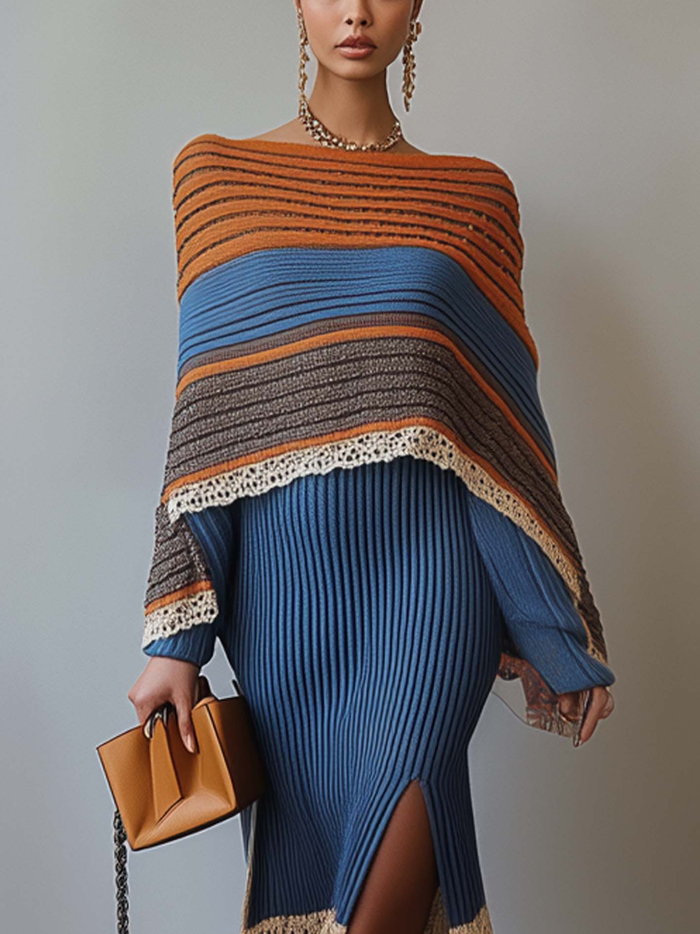 Blue Knitted Bodycon Dress With Tassels And Line Printed Cape
