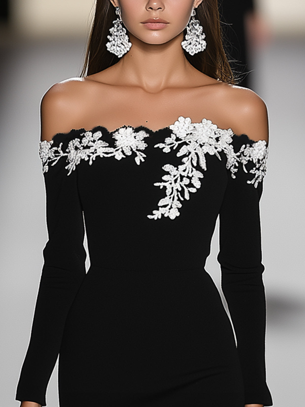 Elegant Off Shoulder Dress With White Floral Appliqué And Asymmetric Hem