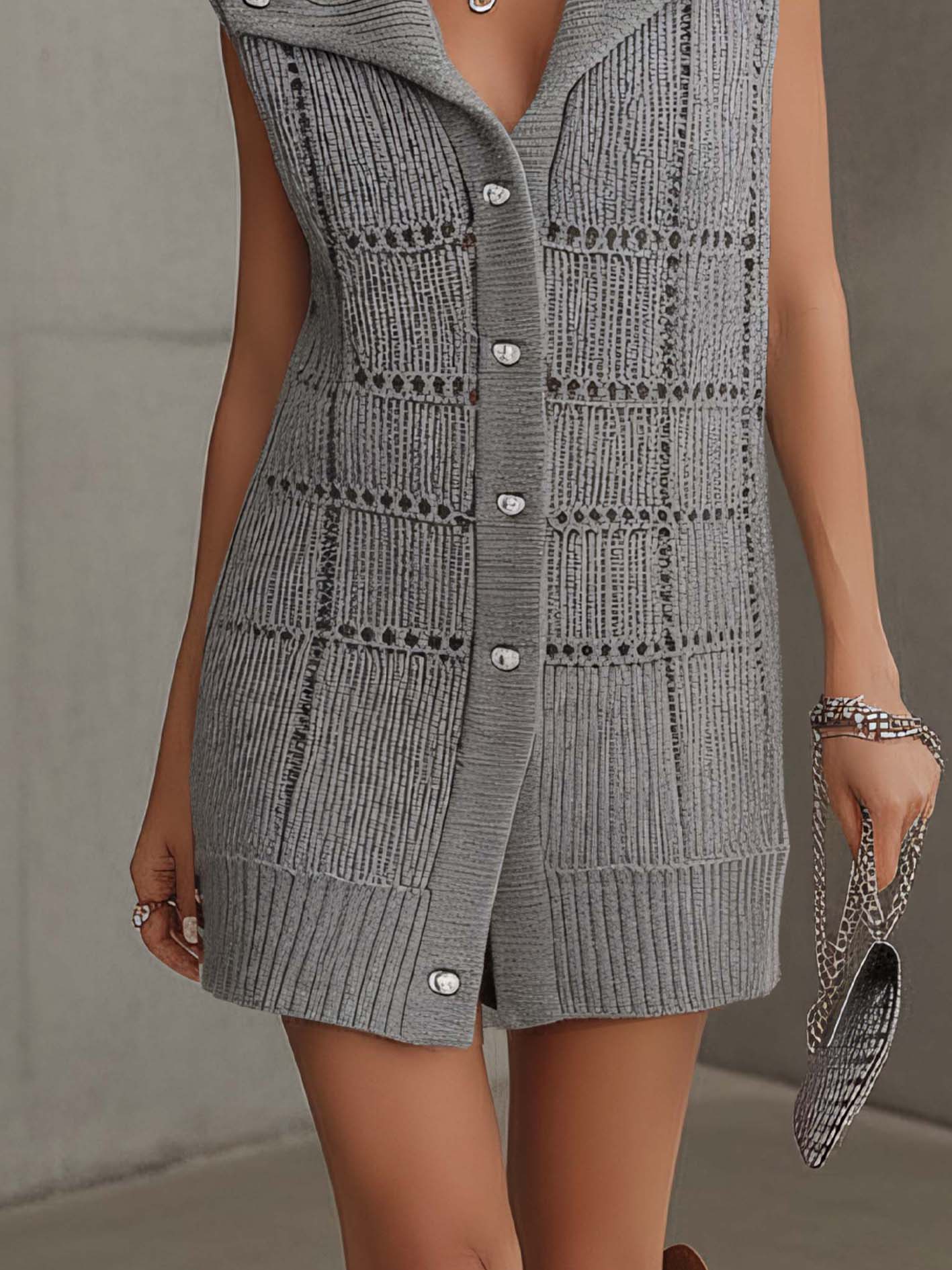 Gray Hollow Plaid Textured Knit Sleeveless Mini Dress