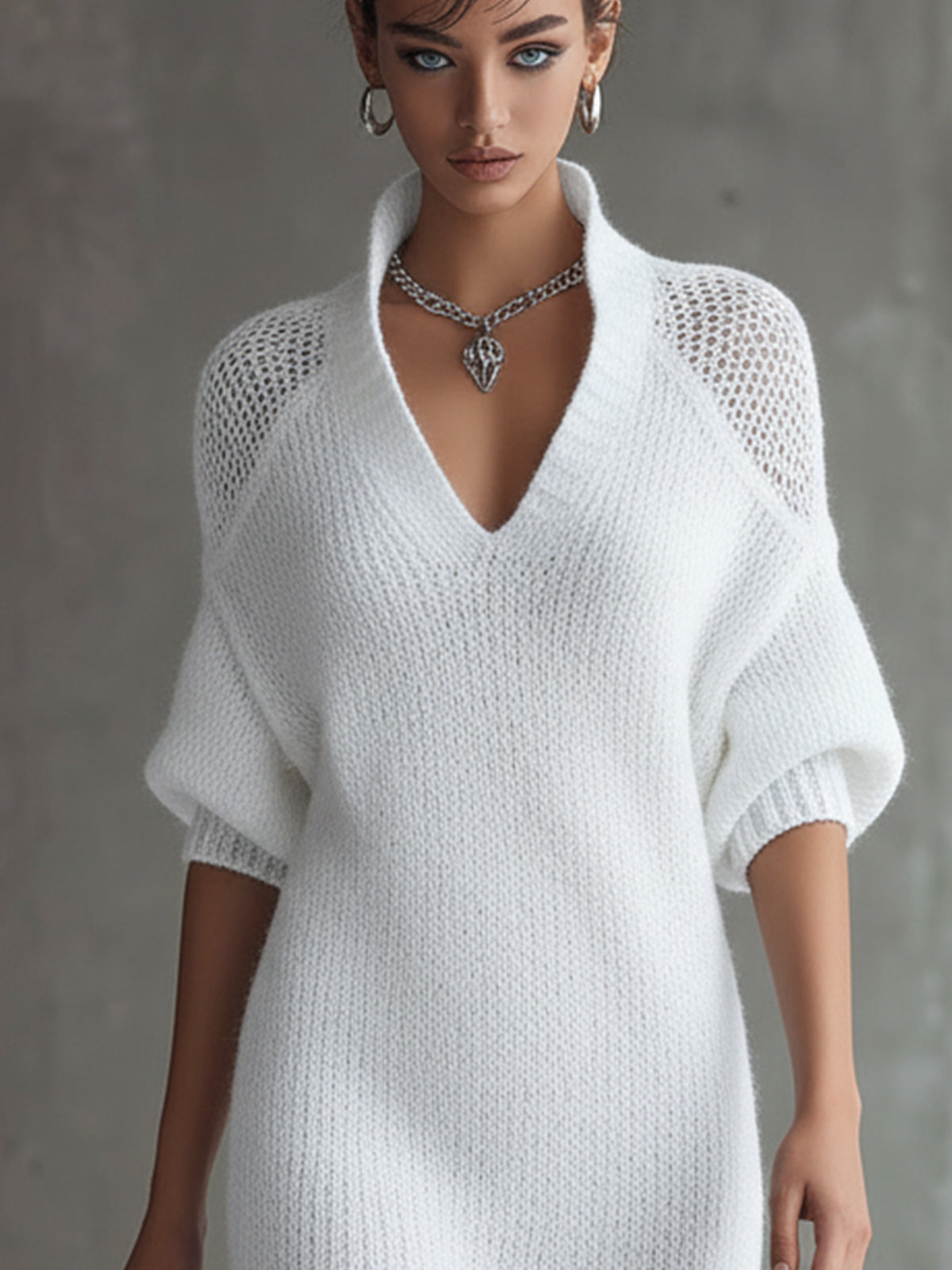 White Knit Mini Dress With Open Stitch Shoulders And Deep Collar V-Neck