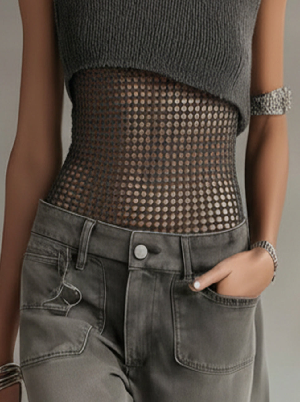 Gray Sleeveless High-Neck Mesh Panel Knit Vest